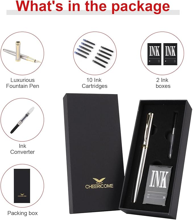 Cheericome Fountain Pen - Luxury Fountain pen set for Men & Women - Ink Pen for Smooth Writing - Fountain Pen Fine Nib,Includes 10 Ink Cartridges and Ink Refill Converter - Silver-DeskLoop Office
