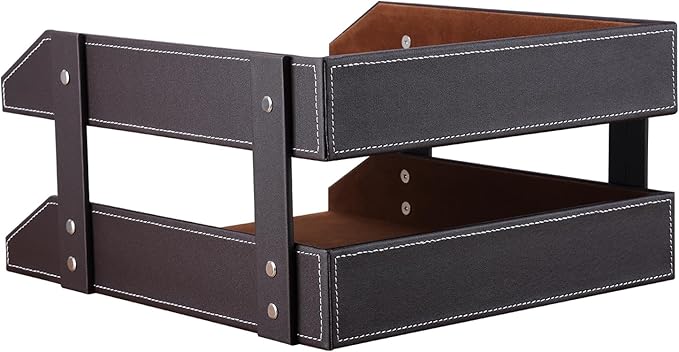 KINGFOM Letter Tray, Leather Paper Organizer Tray, Wooden Desk File Holder, Desktop File, Stackable Magazine Holder, Mail Sorter, Great for Home or Office - 2 Level Brown-DeskLoop Office