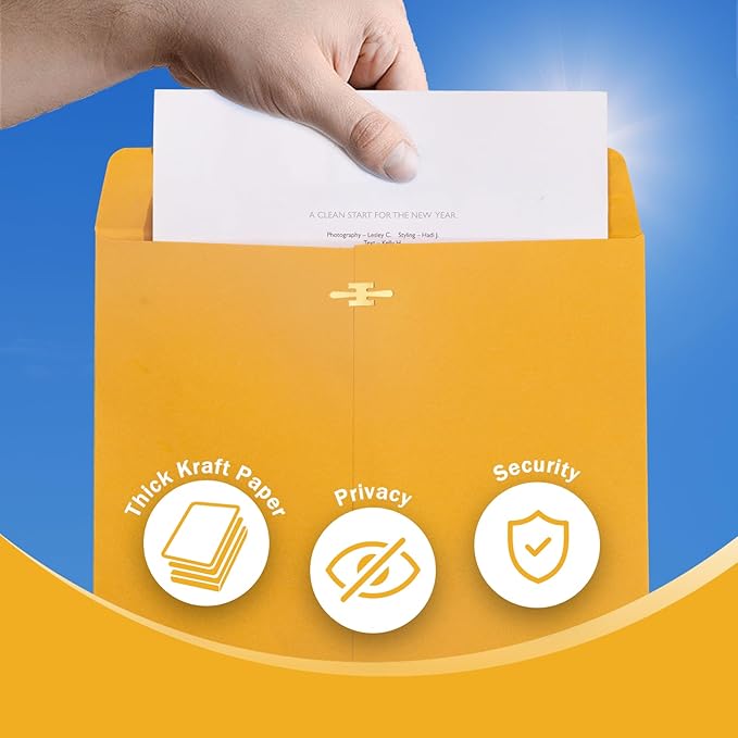 Clasp Envelopes 10x13, 100 Pack Goefun Brown Yellow Manilla Envelopes 10x13-100GSM Heavy Kraft Paper, with Clasp and Gummed Seal for Mailing