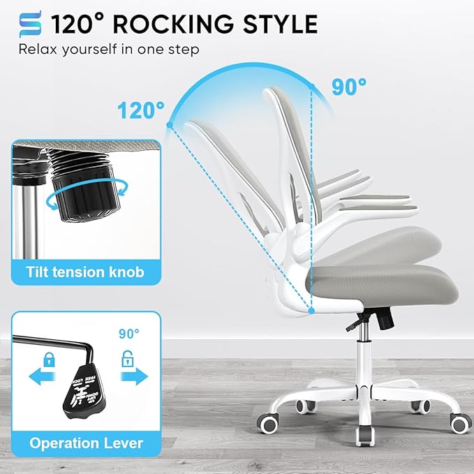 Sytas Ergonomic Desk Chair with Padded Flip up Arms and Supportive Lumbar Support, Breathable Mesh Home Office Chair with Comfortable Cushion for Home or Office(Gray)-DeskLoop Office