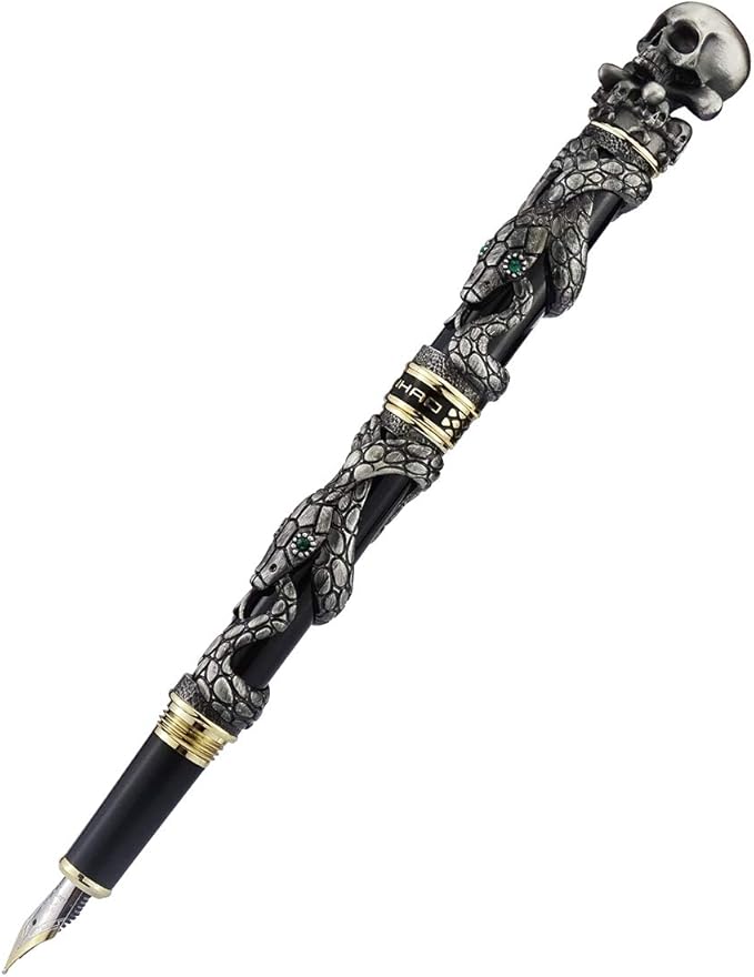 Jinhao Black Snake Fountain Pen Medium Nib Retro Style with Skull Head Solid Metal and Paper Pen Case Set-DeskLoop Office