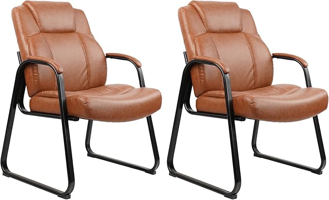 CLATINA Big & Tall 500 lb. Guest Chair, PU Leather Office Reception Chairs with Sled Base, Desk Chair No Wheels for Waiting Room Conference Lobby Computer Living Room, Brown, 2 Pack-DeskLoop Office