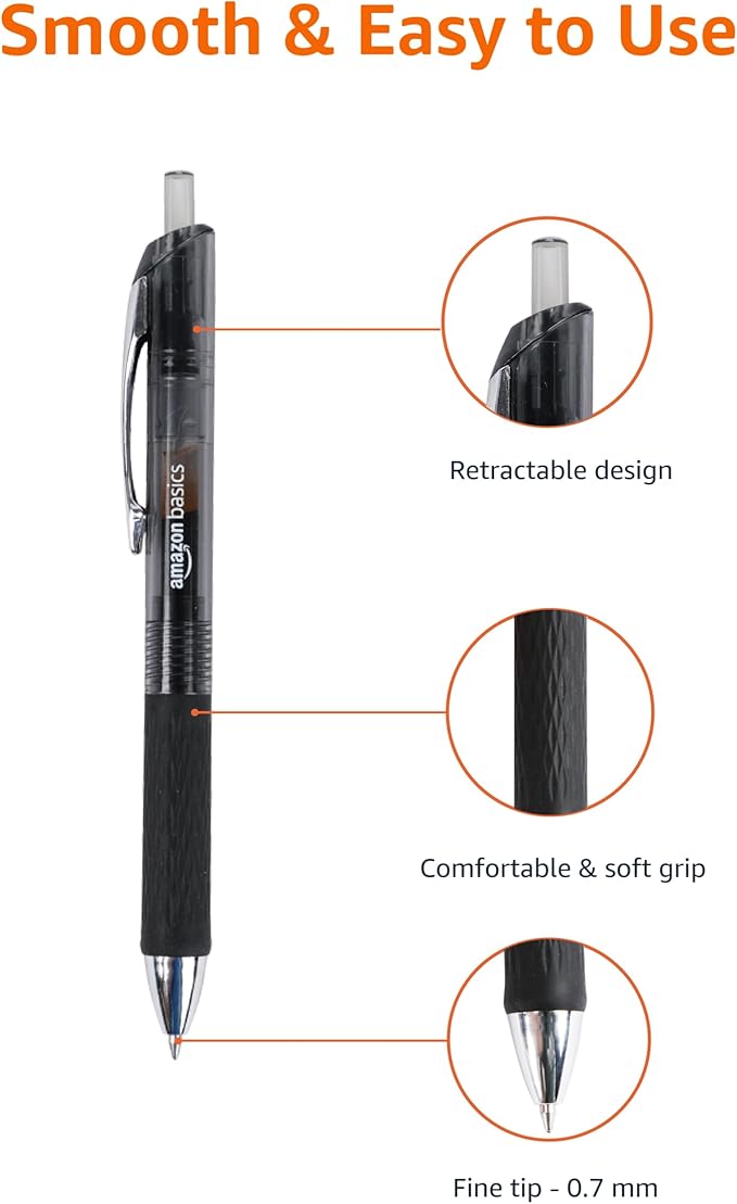Amazon Basics Gel Pens Fine Point Smooth Writing Pens, Retractable, Black, 0.7mm, 12 Pack-DeskLoop Office