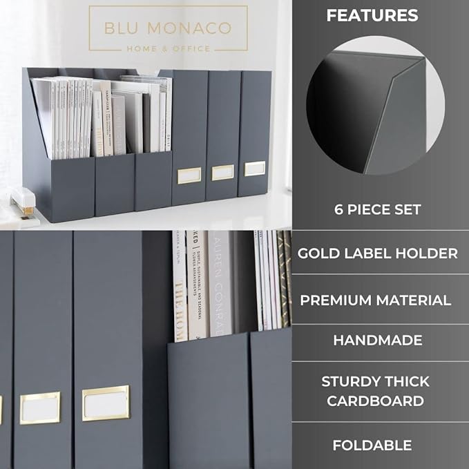 BLU MONACO Set of 6 Foldable Grey Magazine Holders with Gold Label Holders – Stylish File Boxes for Home Office Desktop, Bookshelf, or Classroom Organization-DeskLoop Office
