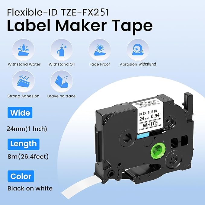 Flexible-ID TZe-FX251 Label Tape 24mm Compatible with Brother P-touch Flexible Label TZeFX251 FX251 1 inch, Suited for Wire Wrapping and Frlagging for PTE560TVP PTD600 PTP710BT Label Maker, 4pk-DeskLoop Office