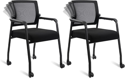 Waiting Room Chairs with Wheels, Adjustable Mesh Backrest, Desk Chair with Ergonomic Lumbar Support and Thickened Seats Cushion, 2 Pack Black-DeskLoop Office