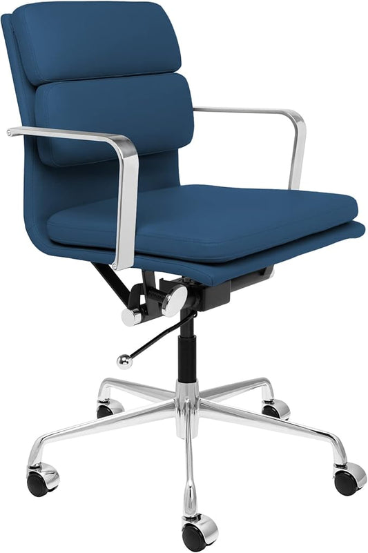 Laura Davidson Furniture SOHO II Padded Management Office Chair - Mid Back Desk Chair with Arm Rest, Swivel & Cushion Availability, Made of Faux Leather, Blue, Computer Chair-DeskLoop Office