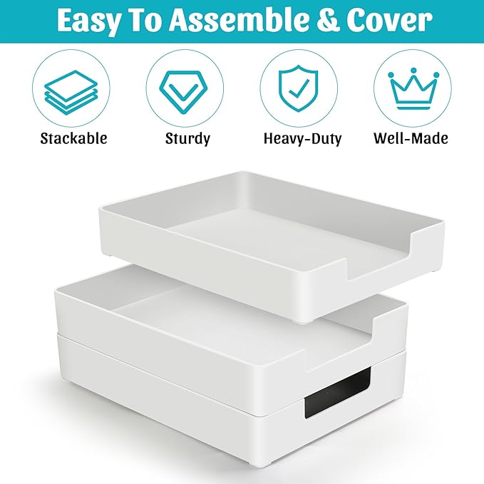 Letter-Size Tray Desk Letter Tray Paper Tray, Sturdy Heavy-Duty Plastic Printer Paper Tray, Single-Tier Stackable File Storage Organizer for Office Home (2, White)-DeskLoop Office