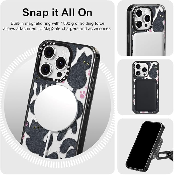 MOSNOVO Magnetic Case for iPhone 16 Pro, 10ft Military-Grade Protection, Compatible with Magsafe, Shockproof Phone Case for iPhone 16 Pro - Black Fluffy Cat - Clear Black-DeskLoop Office