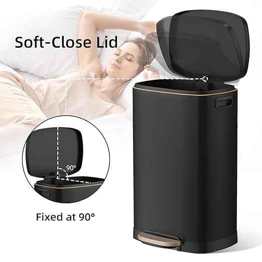 KUK 13 Gallon Kitchen Trash Can with Lid, 50L/13Gal Office Step Garbage Can for Home, Kitchen, Laundry Room, Office, Brushed Stainless Steel, Black-DeskLoop Office