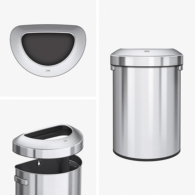 EKO Urban 16 Gallon Semi-Round Open Top Waste Bin, Stainless Steel Half Round Commercial Trash Can for Indoor and Outdoor, Extra Large Metal Garbage Bin for Home, Office, Restaurant, Restroom, 60L-DeskLoop Office