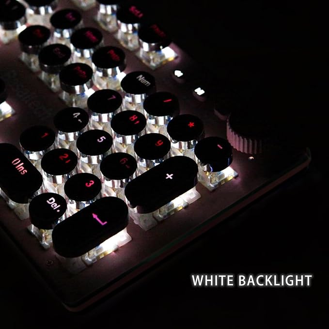 Basaltech Pink Keyboard Typewriter Style with White LED Backlight,Vintage Mechanical Gaming Keyboards with Lipstick Round Keycaps, Blue Switches 104-Keys Wired Keyboard Metal Panel for Laptop/pc-DeskLoop Office
