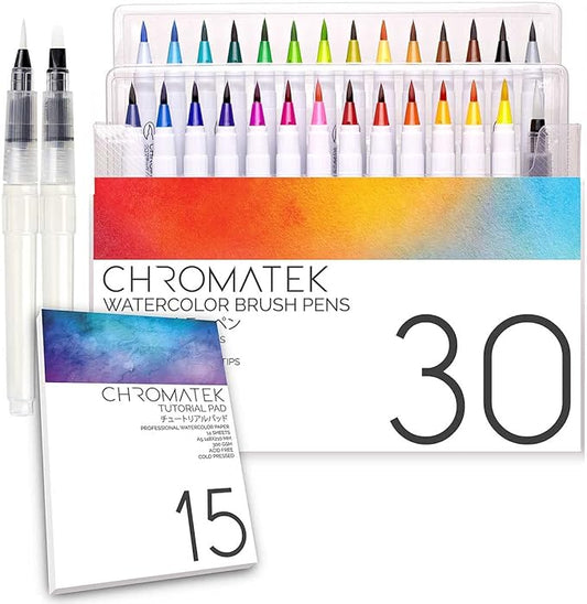 CHROMATEK 30 Watercolor Brush Pens - 15 Page Tutorial Pad and Online Video Series - Real Brush Tip, Vivid, Blendable - Professional Artist Quality - 27 Colors - 3 Aquapens-DeskLoop Office