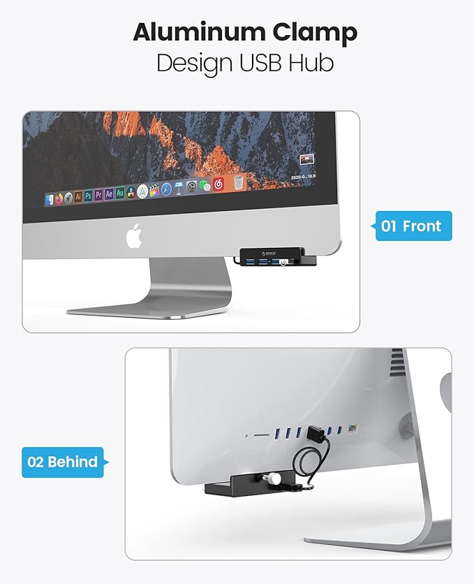 ORICO USB 3.0 Hub, USB Hub Clamp, Aluminum 4-Port USB Splitter with 4.92 FT USB Data Cable, Desktop Powered USB Hub for Monitors/Desks-Black (Without Power Adapter)-DeskLoop Office