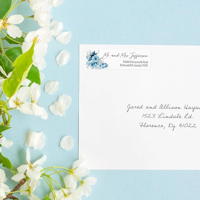 Blue Floral Rolled Address Labels / 250 Personalized Return Address Labels/Designer Address Stickers in Elegant Plastic Dispenser-DeskLoop Office
