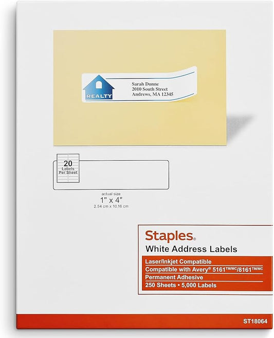 Staples® White Inkjet/Laser Address Labels 1" X 4", 5,000/Box-DeskLoop Office
