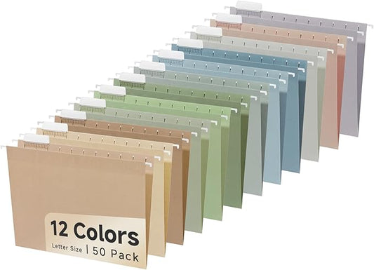 50pcs Decorative Hanging File Folders,Filing Cabinet, Letter Size with 1/5-Cut Adjustable Tab Durable 12 Color Assorted, 50 pcs Per Box,Cute,Color,Pink,Pastel-DeskLoop Office