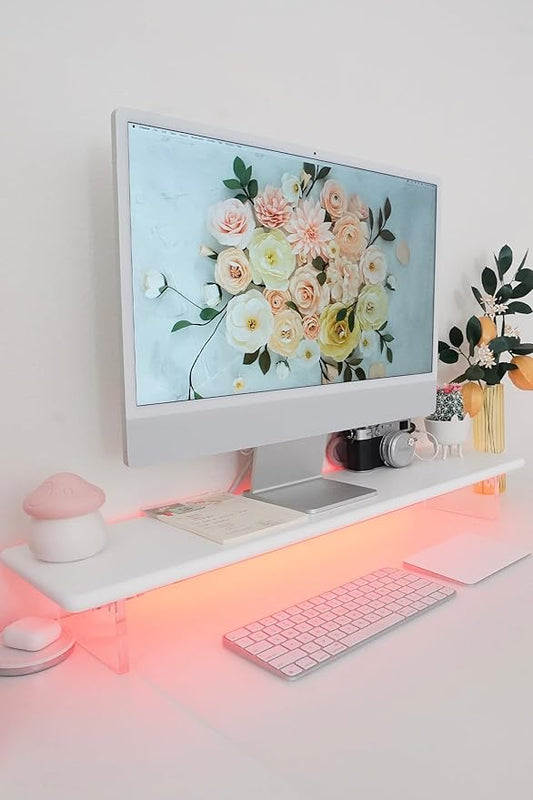 Bamboo Monitor Stand Riser with Acrylic Legs for Desk,31.5 Inches Desktop Shelf Supports for PC Computer Monitor, Laptops, Printer, Speakers (White)-DeskLoop Office