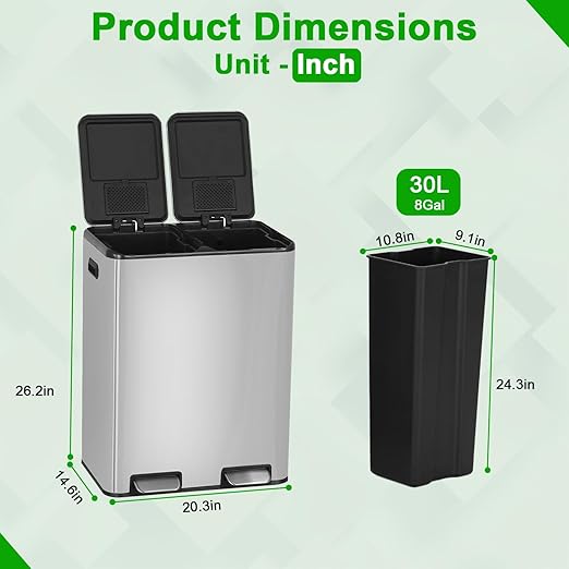 PayLessHere Trash Can, 16 Gallon (2x8G) 60 Liter Rectangular Trash Cans Stainless Steel Step Trash Can with Inner Buckets and Hinged Lids, Suitable for Kitchen Office Home Use,Silver-DeskLoop Office