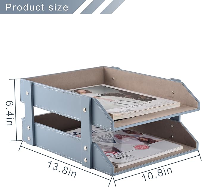 Leather Desk Letter Tray,Office Supplies Paper Organizer for Mail Paper Files Magazines Jewelry Cosmetics,Fashion Letter Holder& 2-Tier Multipurpos Stackable Office Desktop Storage Box,Grey-DeskLoop Office