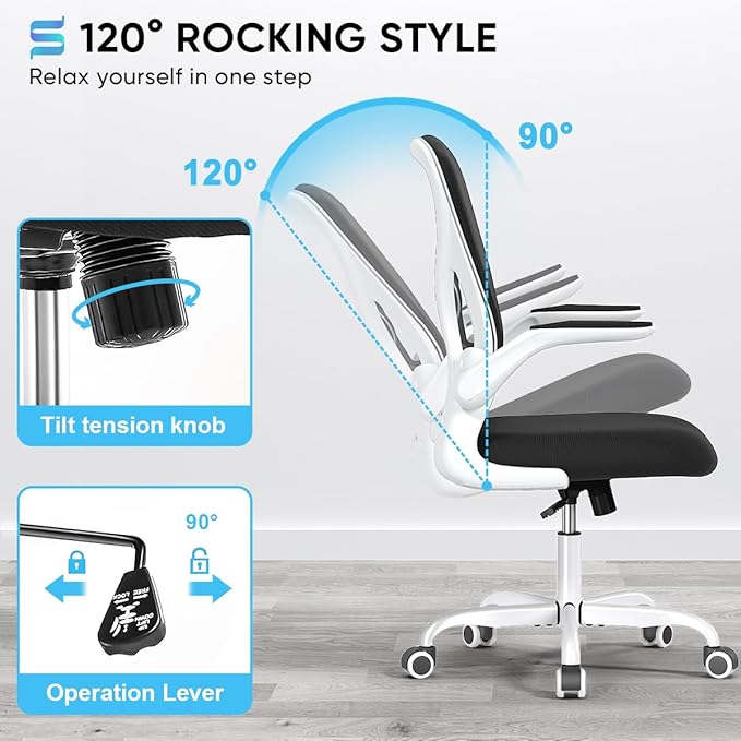 Sytas Ergonomic Desk Chair with Padded Flip up Arms and Supportive Lumbar Support, Breathable Mesh Home Office Chair with Comfortable Cushion for Home or Office(White)-DeskLoop Office