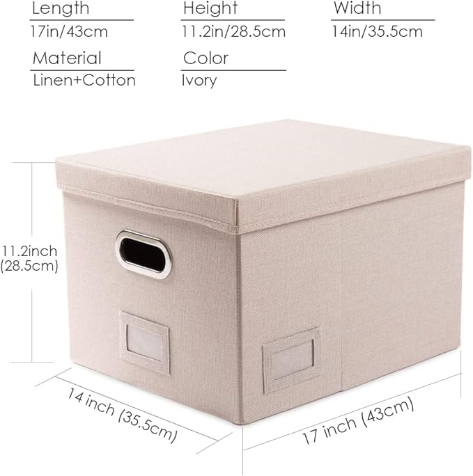 PRANDOM File Organizer Box - Set of 4 Collapsible Decorative Linen Filing Storage Hanging File Folders with Lids Office Cabinet Letter/Legal Size Light Grey (17x14x11.2 inch)-DeskLoop Office