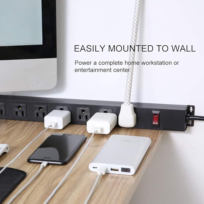 10 Outlet Power Strip 6FT Long Extension Cord Heavy Duty Power Strip Wall Mount Outlet Metal for Kitchen,Office,School,Garage,Workshop,Industrial,125V/15A/1825W,Black(6FT)-DeskLoop Office