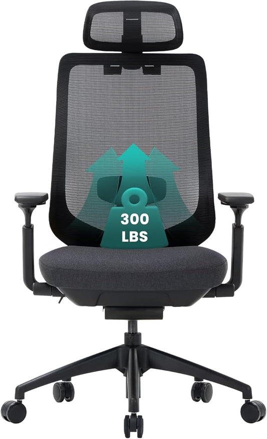 COLAMY Ergonomic Mesh Office Chair,High Back Computer Executive Desk Chair,Lumbar Support with Adjustable Headrest and 4D Arms, Slide Seat, Tilt Lock-Black-DeskLoop Office