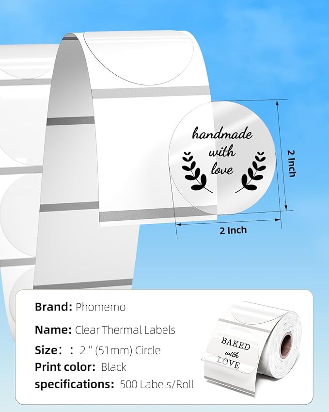 Phomemo 2 Inch Transparent Round Thermal Label, Multi-Purpose Clear Labels for D520BT 249WiFi Thermal Printer for, Self-Adhesive Circle Sticker Label for Personalized & Business Logo - 500pcs / Roll-DeskLoop Office