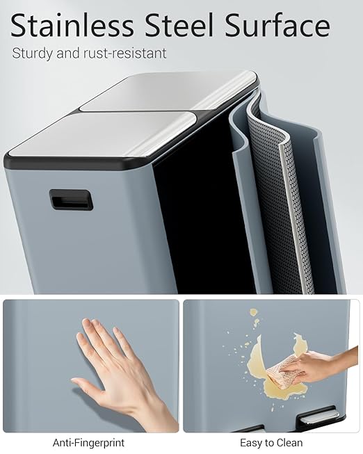 TLSUNNY Kitchen Dual Trash Can, 60L Hands-Free Stainless Steel Garbage Can, Classified Rubbish Bin with Double Compartments, Soft-Close Lid, Inner Bucket, Odor Control (60L) (Haze Blue)-DeskLoop Office