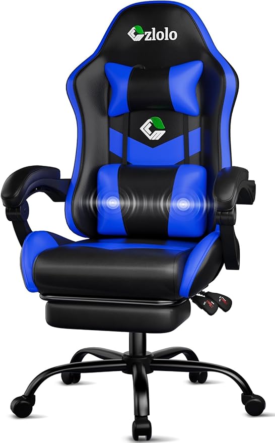 Gaming Chair, Ergonomic Office Computer Chair with Footrest and Lumbar Support Massager Racing Style High Back Video Gamer Chair, Wide&Thick Cushion, 90°-135° Recline, Adjustable Height, Blue-DeskLoop Office