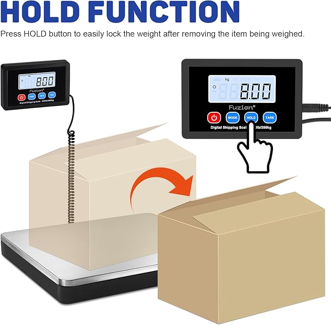Fuzion Shipping Scale 440lb x 10g Accuracy, Postal Scale with Hold/Tare, Digital Shipping Scale for Packages Small Business, Luggage, Battery & AC/DC Adapter-DeskLoop Office