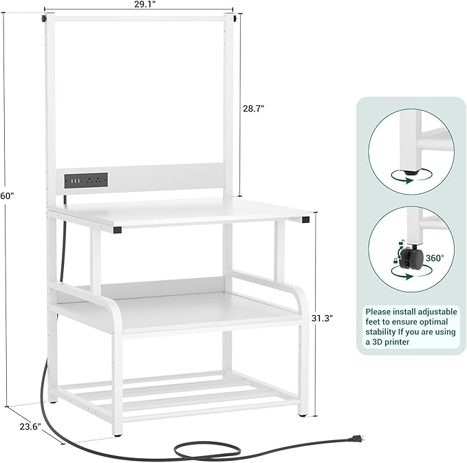 Homieasy Printer Stand with Charging Station, 29.1" x 22.8" Large 3D Printer Table with Filament Storage, Heavy Duty Rolling Printer Cart with 4-Tier Storage for Workshop/Office/Garage, White-DeskLoop Office