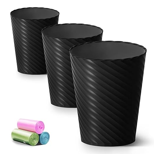 Bathroom Trash Can, 3 Pack 1.8 Gallons Small Trash Can with Trash Bags, Bathroom Garbage Can, Plastic Trash Bin, Round Waste Basket for Bedroom, Office, Kitchen, Room, Compact Space (Black)-DeskLoop Office