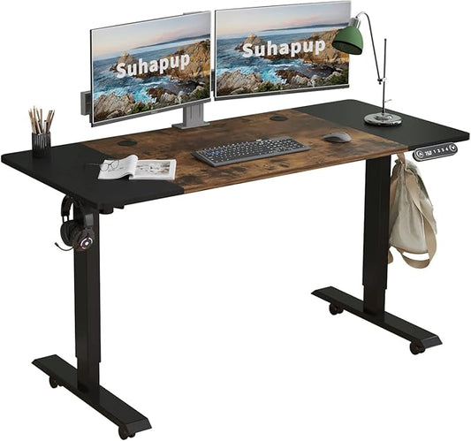 Electric Adjustable Height Standing Desk, 55 x 24 inches Sit - Stand Desk for Work or Home Office 4 Preset Heights Easy to Set, Rustic Brown + Black Splice Board/Black Frame-DeskLoop Office