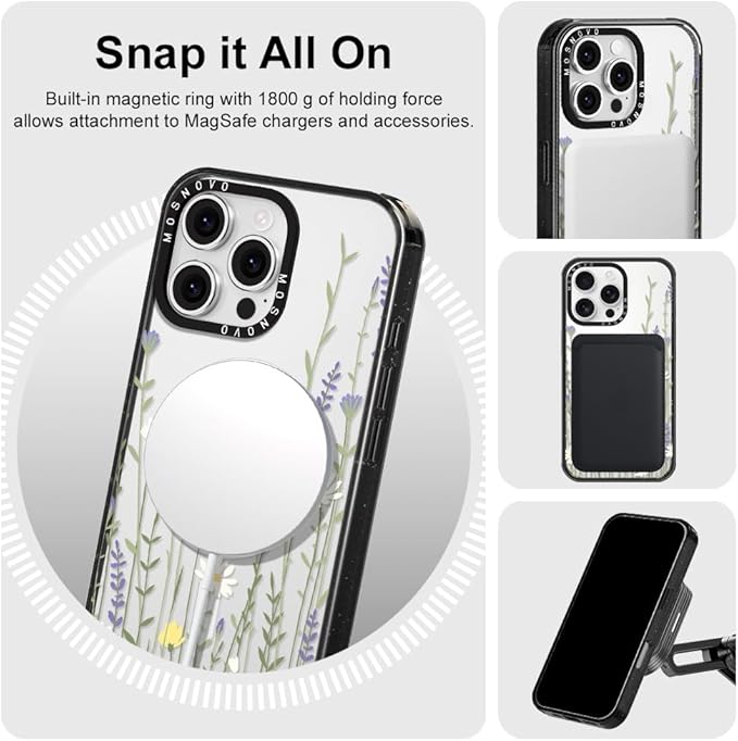 MOSNOVO Magnetic Case for iPhone 16 Pro Max, 10ft Military-Grade Protection, Compatible with Magsafe, Shockproof Phone Case for iPhone 16 Pro Max - Wild Meadow - Clear Black-DeskLoop Office