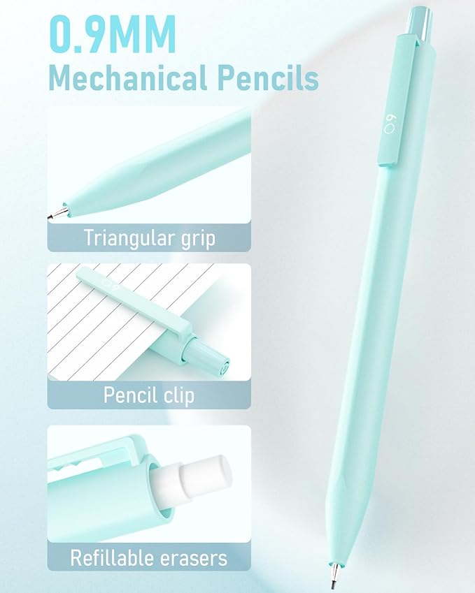 6PCS 0.9mm Mechanical Pencils Set with Case, Cute Pastel Mechanical Pencil with 160PCS HB Lead Refills, 3 Erasers, Aesthetic Back to School Supplies for Student Writing Drawing Sketching-DeskLoop Office