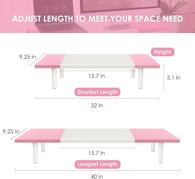 Dual-Monitor-Stand-Riser-For-Desk Adjustable Length 32-40 Inch,Large Desktop Computer Monitor Riser For 2 Screens,Desk Shelf Organizer Riser Stand For Computer/Laptop/PC/Printer/TV