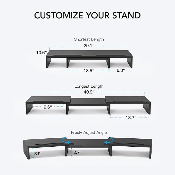 HUANUO Dual Monitor Stand Riser, Adjustable Monitor Stand for Desk with 2 Slot, Desktop Organizer Stand for 2 Monitors, Multi-Purpose Desk Shelf Monitor Stand Riser for Computer, Laptop, PC, Black-DeskLoop Office