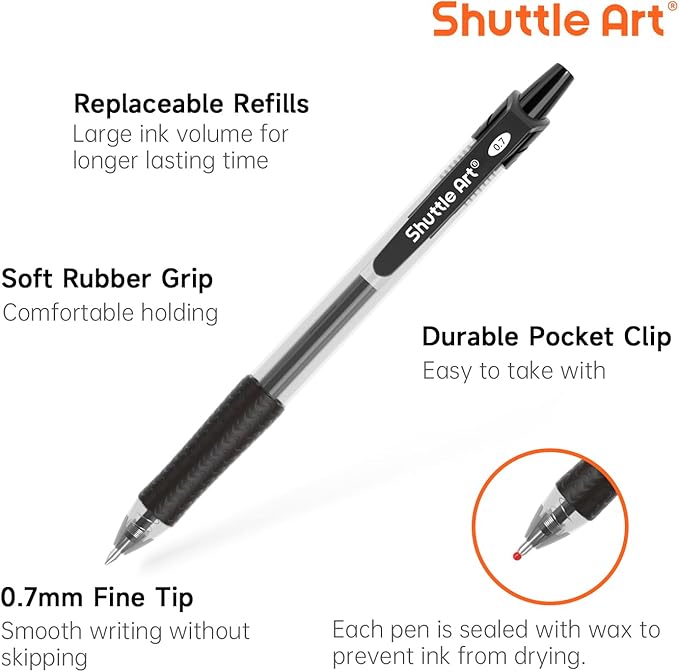Shuttle Art Black Gel Pens, 70 Pack Retractable Medium Point Rollerball Gel Ink Pens Smooth Writing with Comfortable Grip for Office School Home Work-DeskLoop Office
