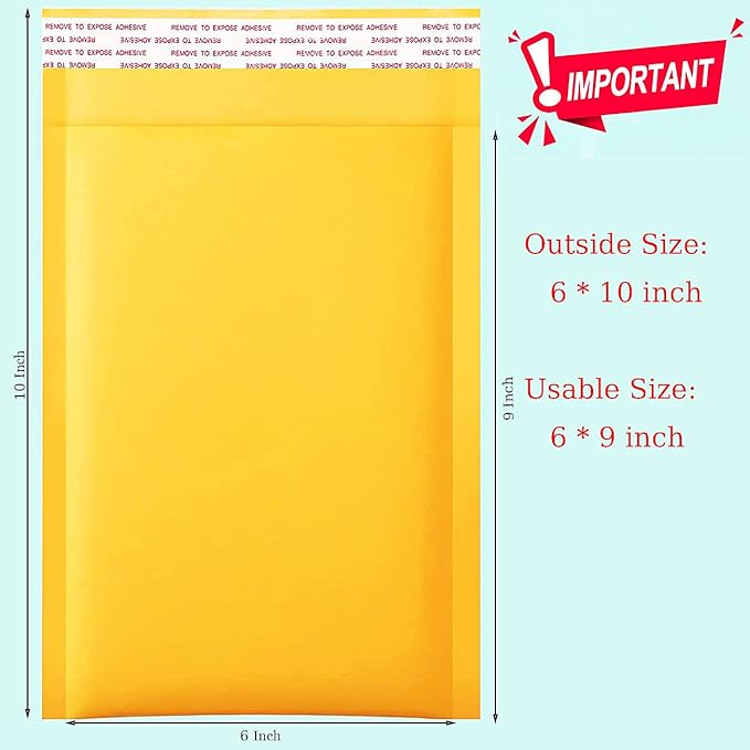 packbabol Kraft Bubble Mailers 6x10 Inch 50 Pcs,Small Self-Sealing Mail Shipping Bags,Yellow Padded Envelopes #0-DeskLoop Office