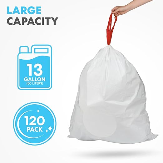 SIMPLI-MAGIC 13 Gallon Drawstring Trash Bags, 120 Pack – Tall Kitchen Garbage Bags, Custom Made with Premium Materials (White)-DeskLoop Office