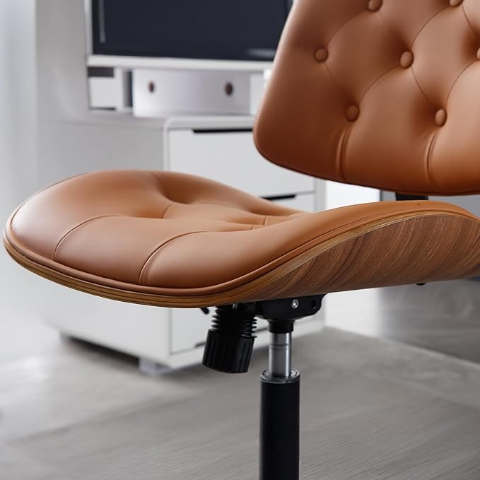 Armless Home Office Chair with Wheels, PU Leather Adjustable Height Computer Desk Chair, 360 Swivel Small No Arms Chair, Modern Button Walnut Style for Office, Reading Meeting Room(Brown)-DeskLoop Office