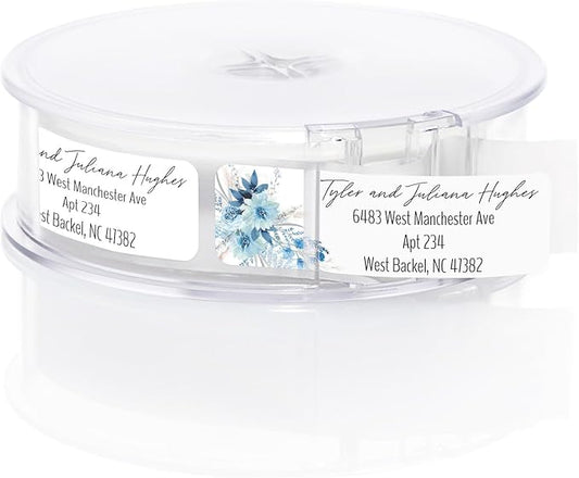 Blue Floral Rolled Address Labels / 250 Personalized Return Address Labels/Designer Address Stickers in Elegant Plastic Dispenser-DeskLoop Office