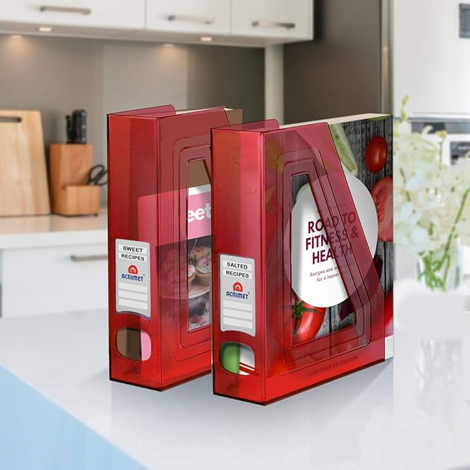 Acrimet Magazine File Holder, Durable Rack, Space-Saving Organizer (Plastic) (Clear Red Color) (2 Pack)-DeskLoop Office