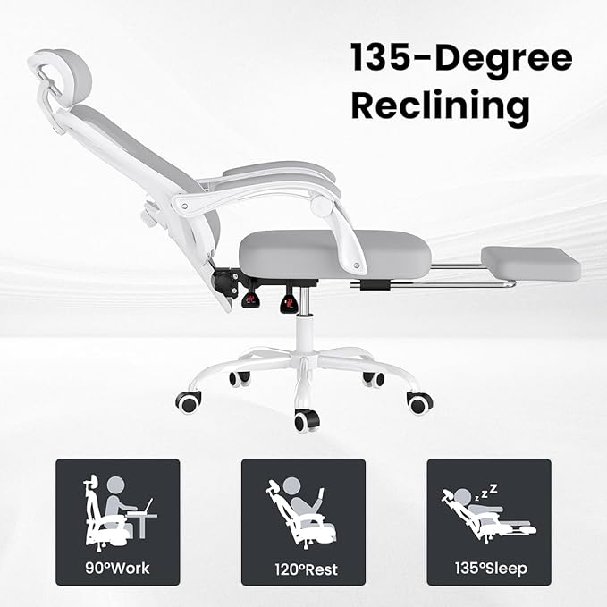 Farini Ergonomic Office Chair with Footrest, Mesh Office Desk Chair with Headrest, High Back Computer Chair with Adjustable Lumbar Support for Home Office Study Room Bedroom, White & Grey-DeskLoop Office