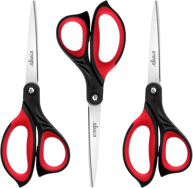LIVINGO 8.5” Scissors All Purpose - Ultra Sharp Multipurpose 3 Pack Heavy duty Shears for Office, Home, School Sewing and Crafting Cutting Fabric, Paper, Red Comfort Grip-DeskLoop Office