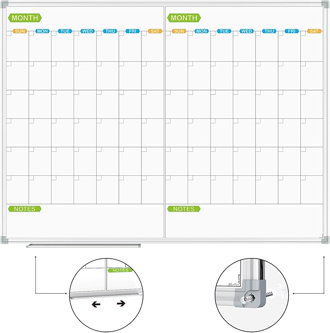 JILoffice Magnetic Dry Erase Calendar Whiteboard, 2 Month White Board Planner 48 X 36 Inch, Silver Aluminum Frame Wall Mounted Board for Office Home and School-DeskLoop Office