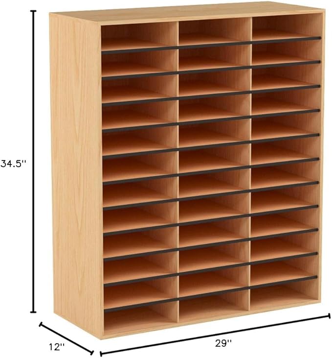 Safco Literature Organizer, 36 Compartments, Office and Classroom Mailbox with Adjustable Shelves, Wood Paper and Mail Sorter, Medium Oak-DeskLoop Office