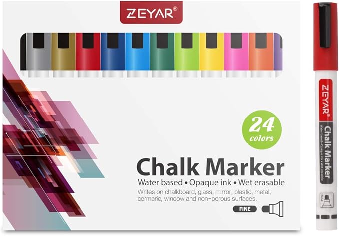 ZEYAR Liquid Chalk Marker-Wet Erase Marker, 24 Colors, 1.2mm Fine Tip for Detailed Drawing, Writes on Nonporous Chalkboards, Bistro Boards, Windows, Plastic and more (24 Colors)-DeskLoop Office